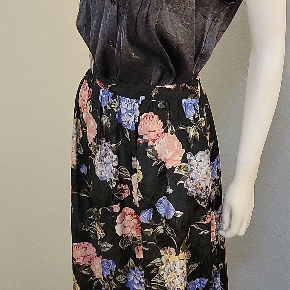 VTG Leslie Fay 1970s Impressionist Floral Satin Maxi Skirt Size 12 - Picture 3 of 8